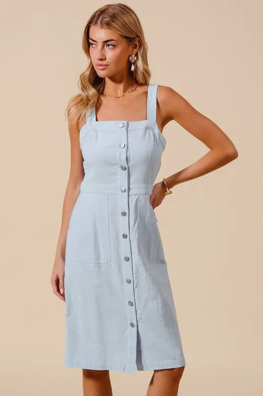SO ME Button Down Pocket Front Pinafore Dress LT DENIM