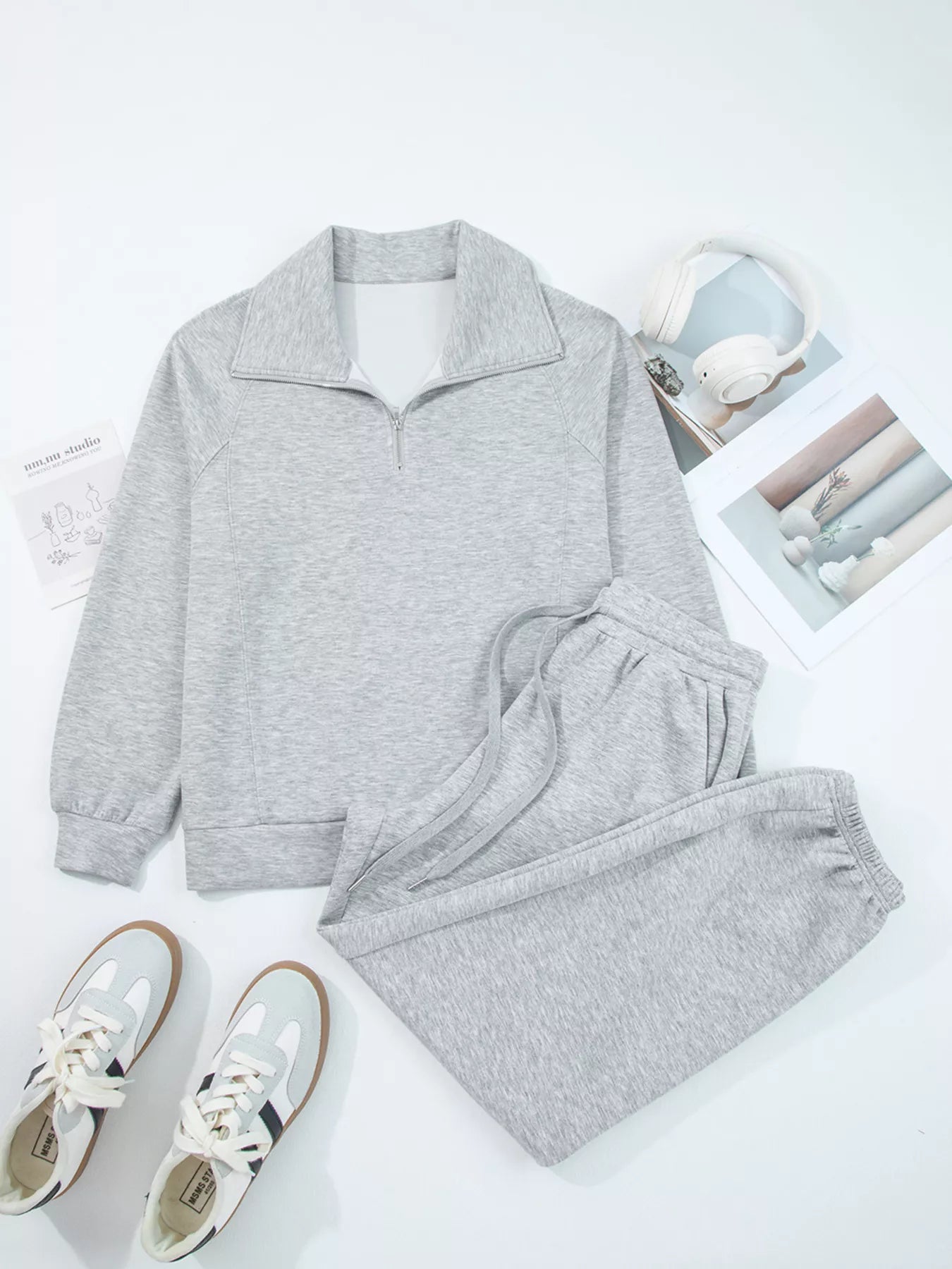 Zip Collar Long Sleeve Top and Drawstring Pants Set