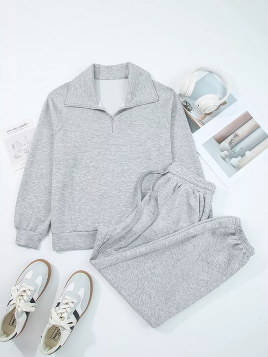 Zip Collar Long Sleeve Top and Drawstring Pants Set
