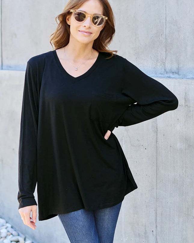 Basic Bae Full Size V-Neck Long Sleeve Top Black