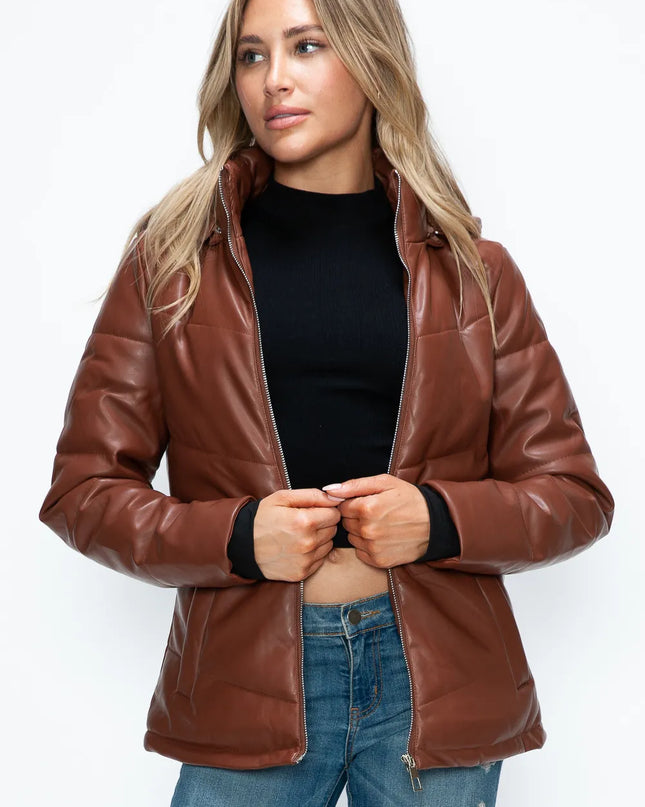 How Dare U Pocketed Zip Up Puffer Jacket with Removable Hood