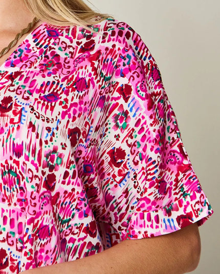 Double Take Full Size Printed V-Neck Short Sleeve Blouse