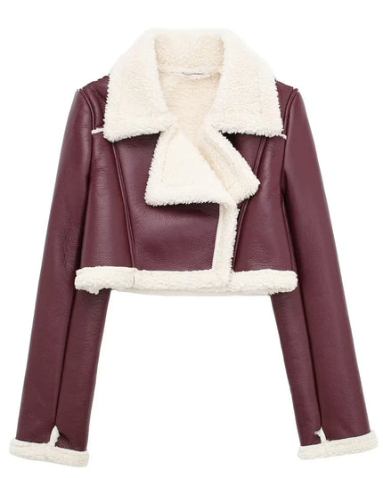 Collared Neck Long Sleeve Plush Cropped Jacket Burgundy