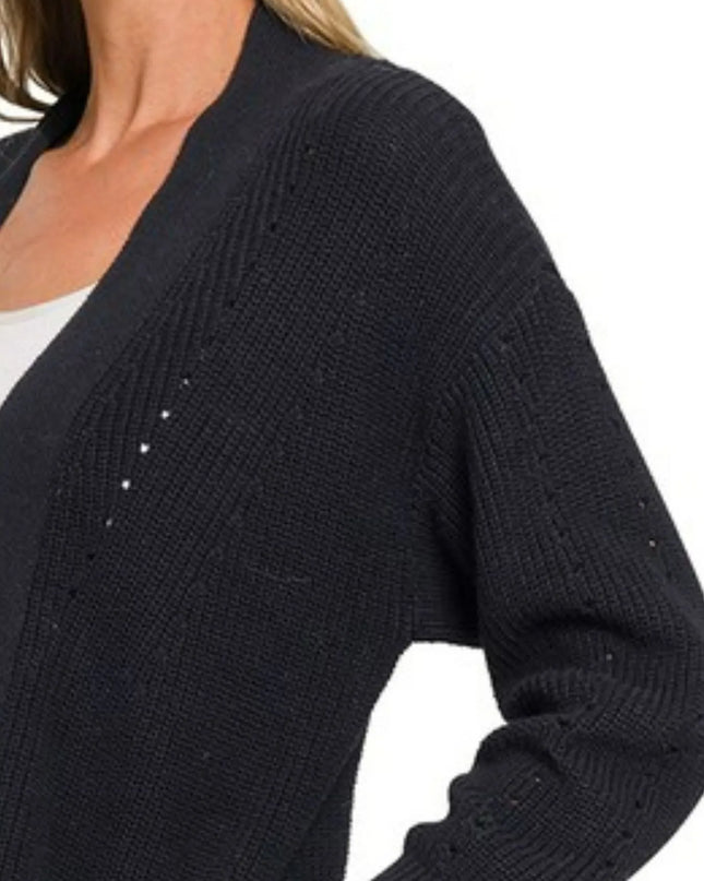 Zenana Eyelet Open Sweater Cardigan with Pockets
