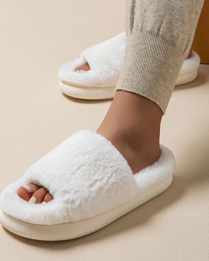 Fluffy Open Toe Comfort Slippers White