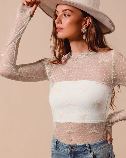 SO ME Bow Ribbon Pattern Sheer Lace Top OATMEAL