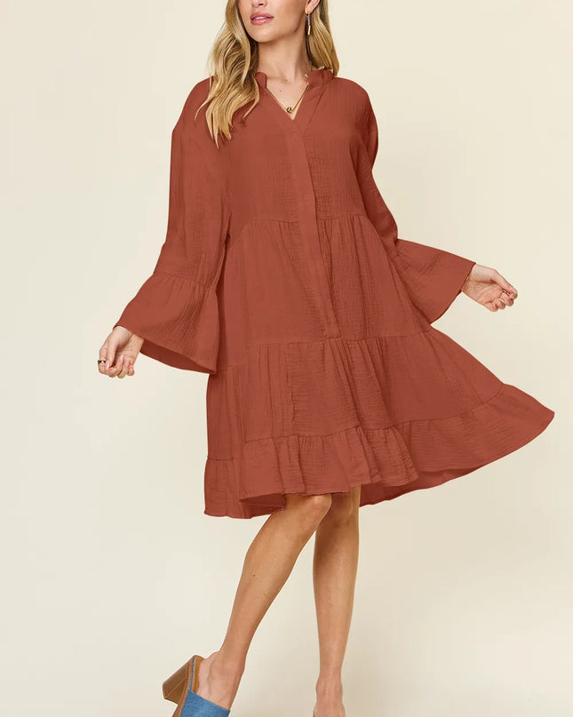 Double Take Full Size Texture Button Up Ruffle Hem Dress