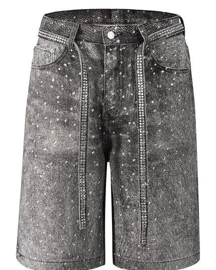Men's Washed Rhinestone Denim Bermuda Shorts Dark