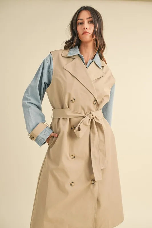MABLE Layered Look Trench Coat With Denim Jacket Taupe