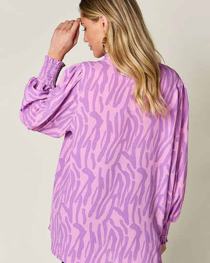 Double Take Full Size Printed Smocked Long Sleeve Blouse Plus Size