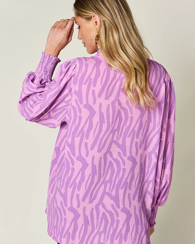 Double Take Full Size Printed Smocked Long Sleeve Blouse Plus Size