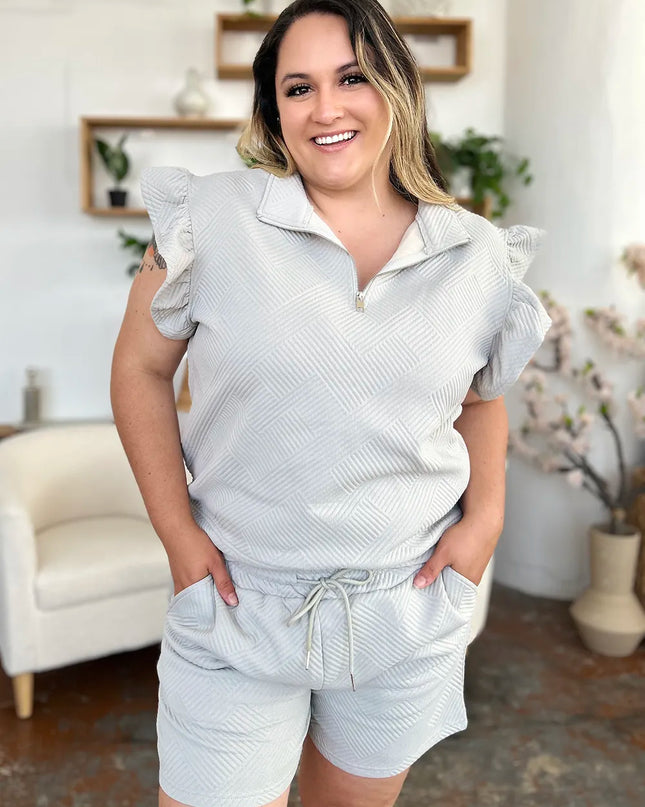 Double Take Full Size Texture Flounce Sleeve Top and Drawstring Shorts Set