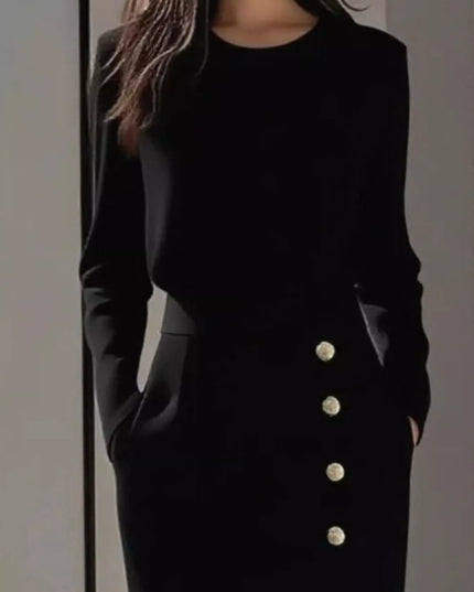 Long Sleeve Button Detail Midi Dress with Side Slit