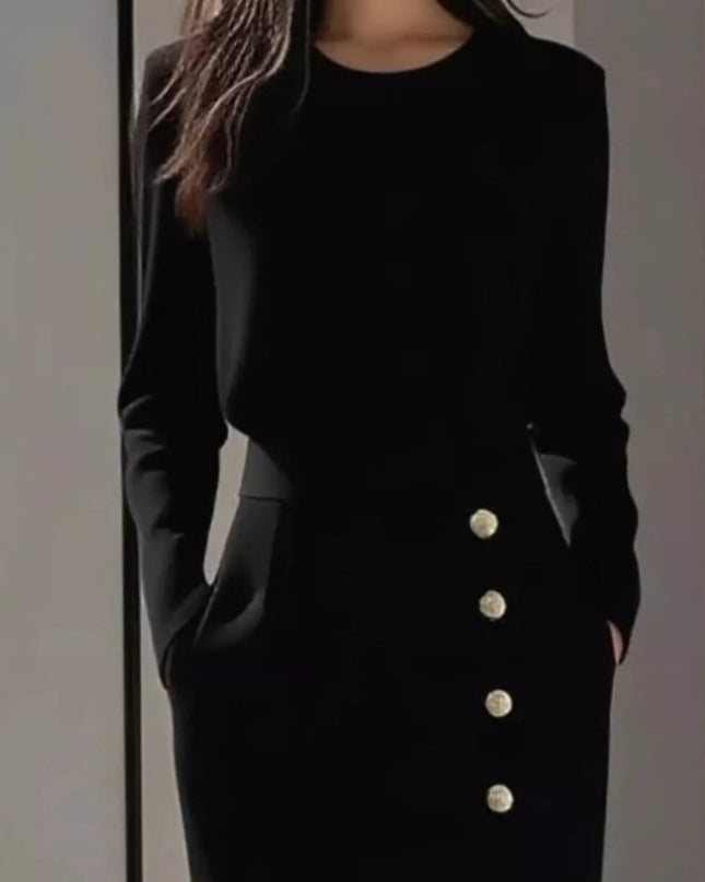 Long Sleeve Button Detail Midi Dress with Side Slit