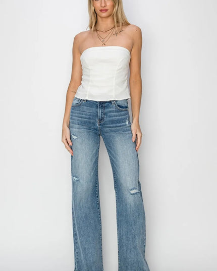 RISEN Full Size High Waist Distressed Wide Leg Jeans