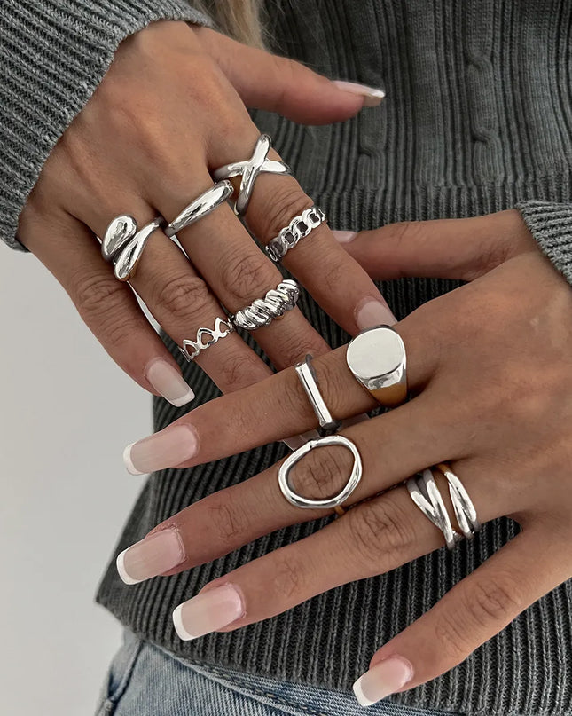 10-Piece Alloy Geometric Ring Silver One Size