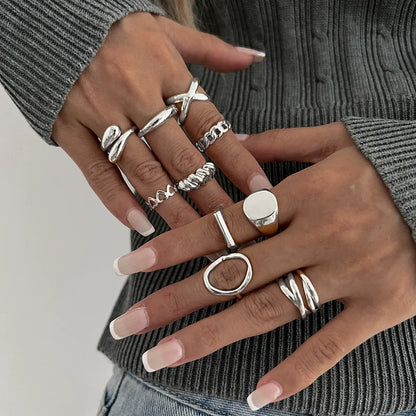 10-Piece Alloy Geometric Ring Silver One Size