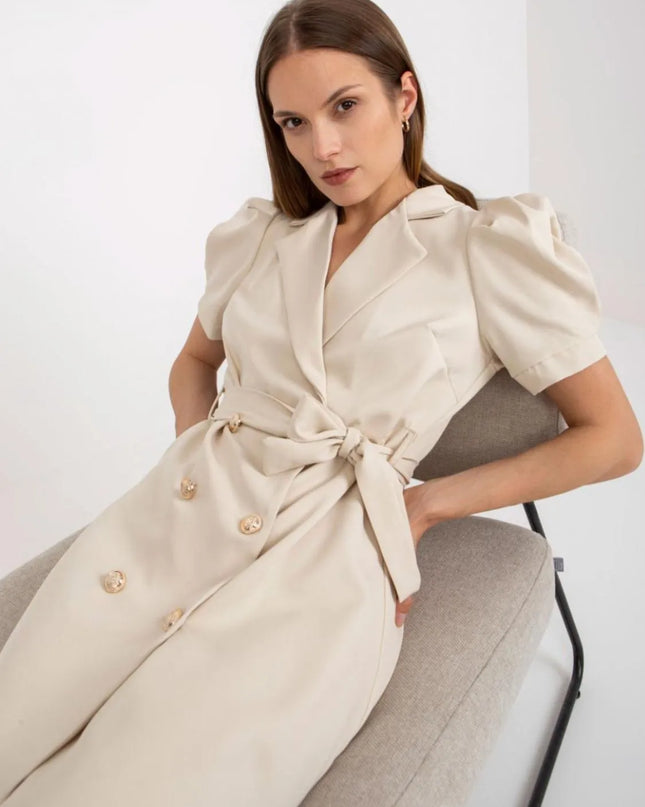 Tie Waist Short Sleeve Blazer Dress Tan