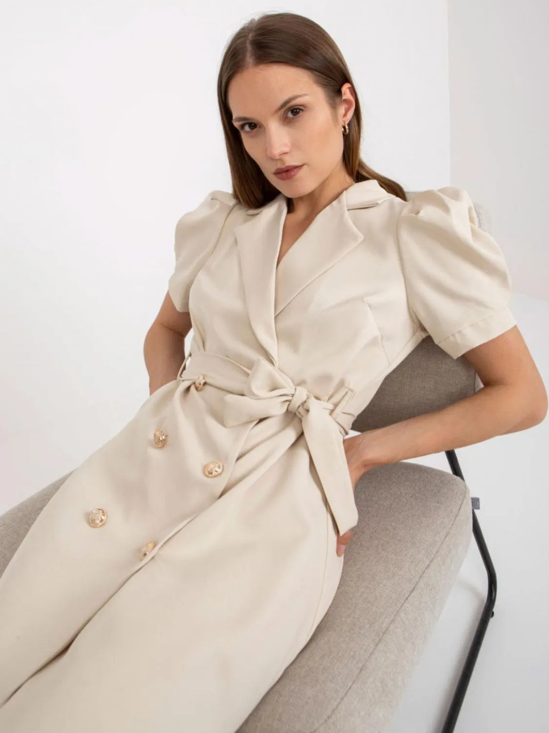 Tie Waist Short Sleeve Blazer Dress Tan