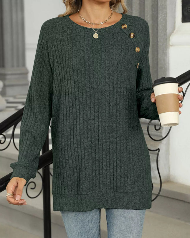Ribbed Round Neck Long Sleeve T-Shirt