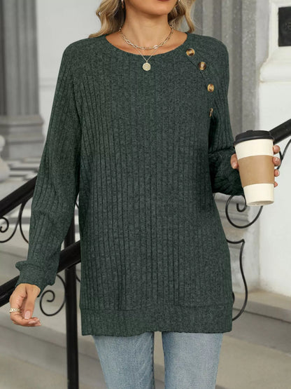 Ribbed Round Neck Long Sleeve T-Shirt