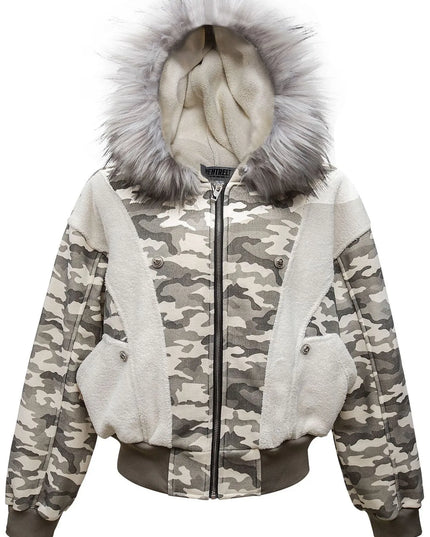 Men's Camouflage Faux Fur Hood Jacket Gray