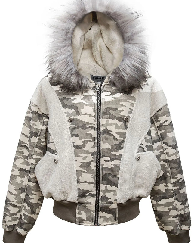 Men's Camouflage Faux Fur Hood Jacket Gray
