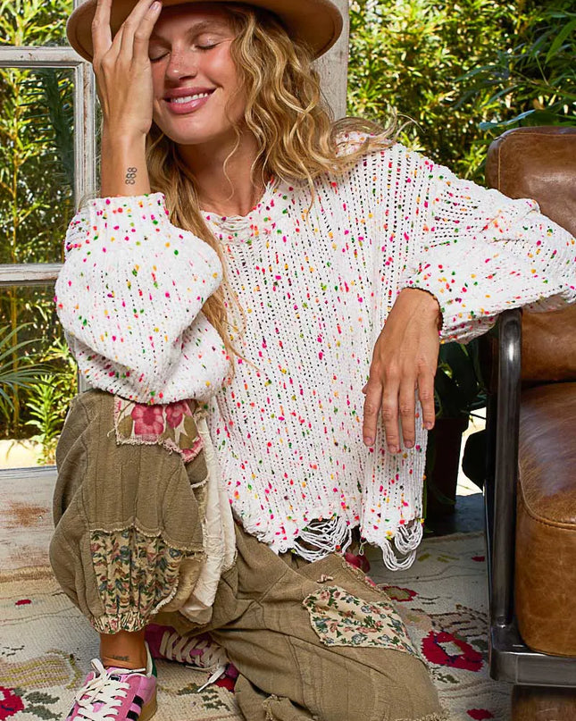 POL Round Neck Fringed Hem Sweater