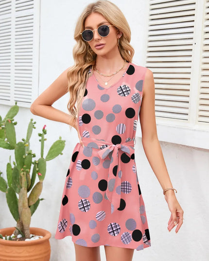 Tied Polka Dot V-Neck Dress Dusty Pink