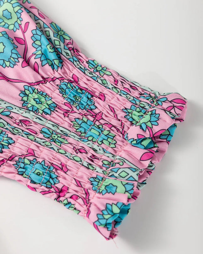 Printed Shirred Sleeve Buttoned Front Midi Dress with Sash