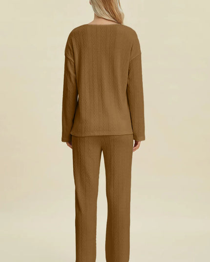 Double Take Full Size Cable-Knit Long Sleeve Top and Pants Set