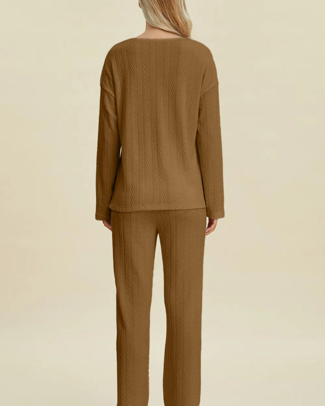 Double Take Full Size Cable-Knit Long Sleeve Top and Pants Set