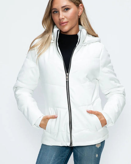 How Dare U Pocketed Zip Up Puffer Jacket with Removable Hood White