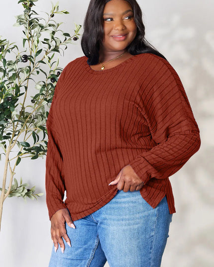 Basic Bae Full Size Ribbed Round Neck Slit Knit Top