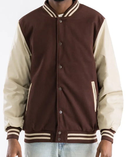 WEIV Men's Full Size Varsity Bomber Jacket with Leather Sleeves Plus Size BROWN