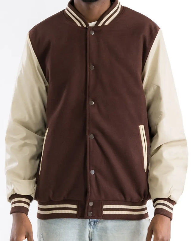 WEIV Men's Full Size Varsity Bomber Jacket with Leather Sleeves Plus Size BROWN