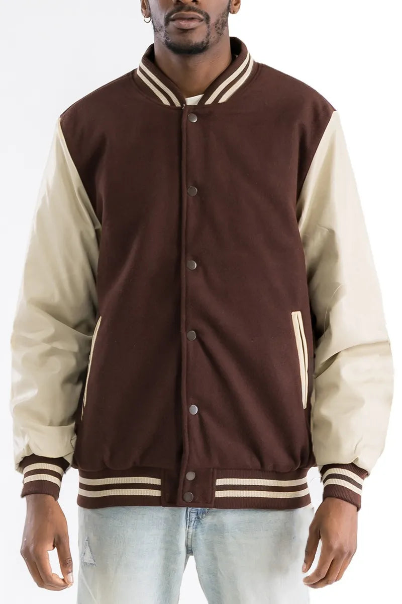 WEIV Men's Full Size Varsity Bomber Jacket with Leather Sleeves Plus Size BROWN
