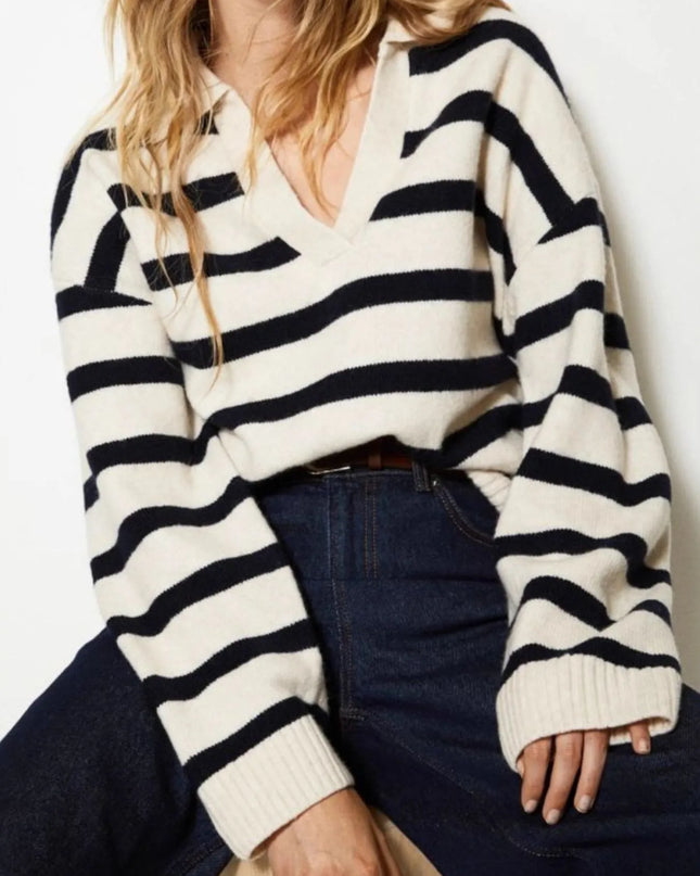Striped Johnny Collar Long Sleeve Sweater White