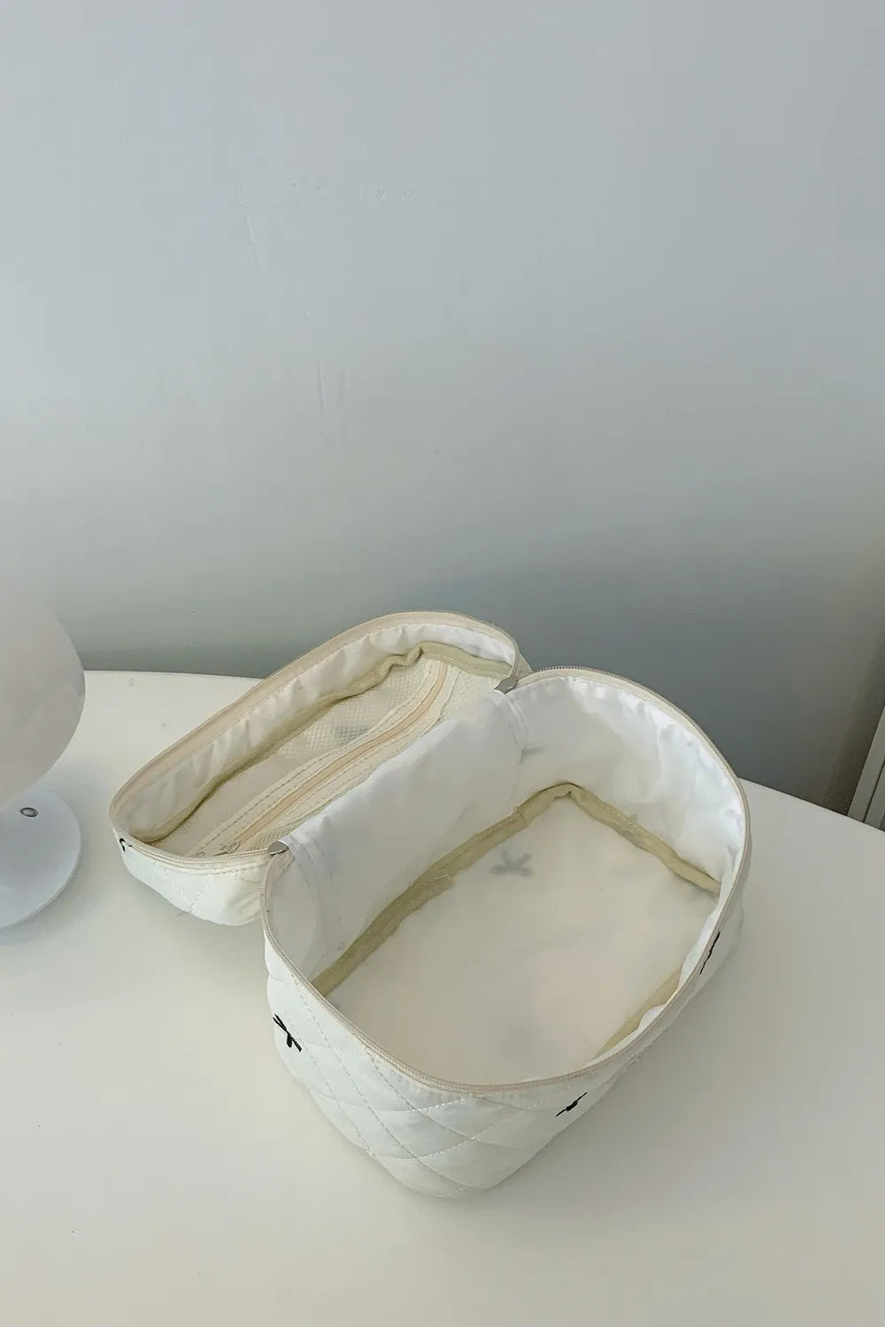 Bow Embroidered Quilted Storage Bag with Zip