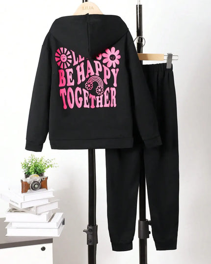 Children's Graphic Long Sleeve Hoodie and Pants Set Black
