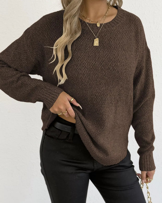 Textured Knit Relaxed Fit Round Neck Sweater Brown
