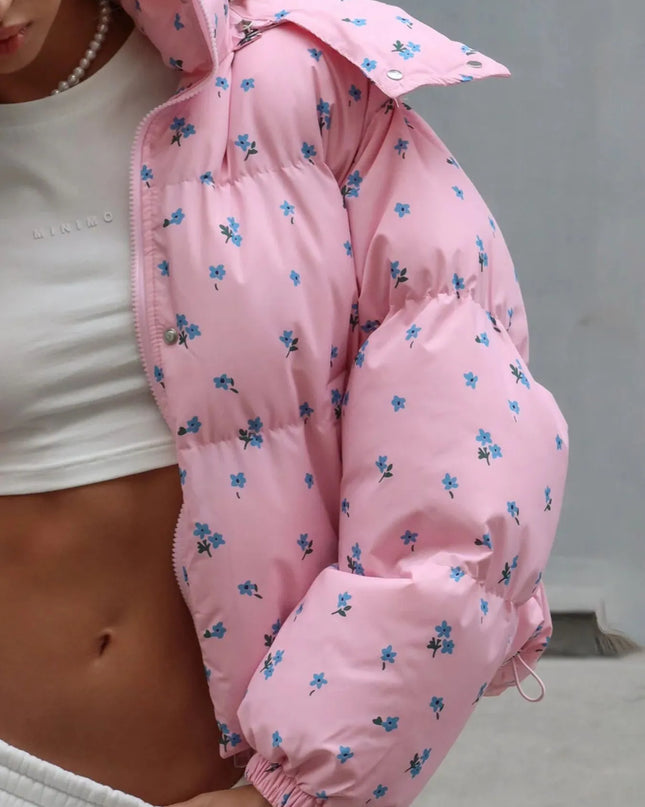 Floral Print Puffer Jacket with Hood