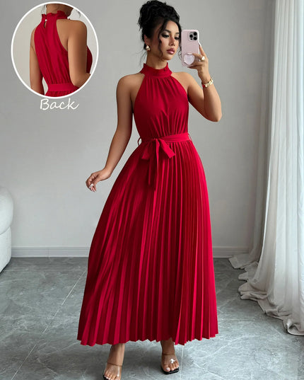 Pleated Halter Neck Tie Waist Maxi Dress