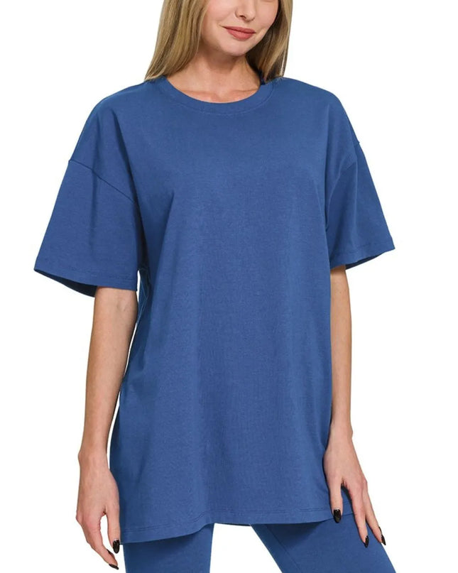 Zenana Cotton Round Neck Top & Biker Shorts LT NAVY