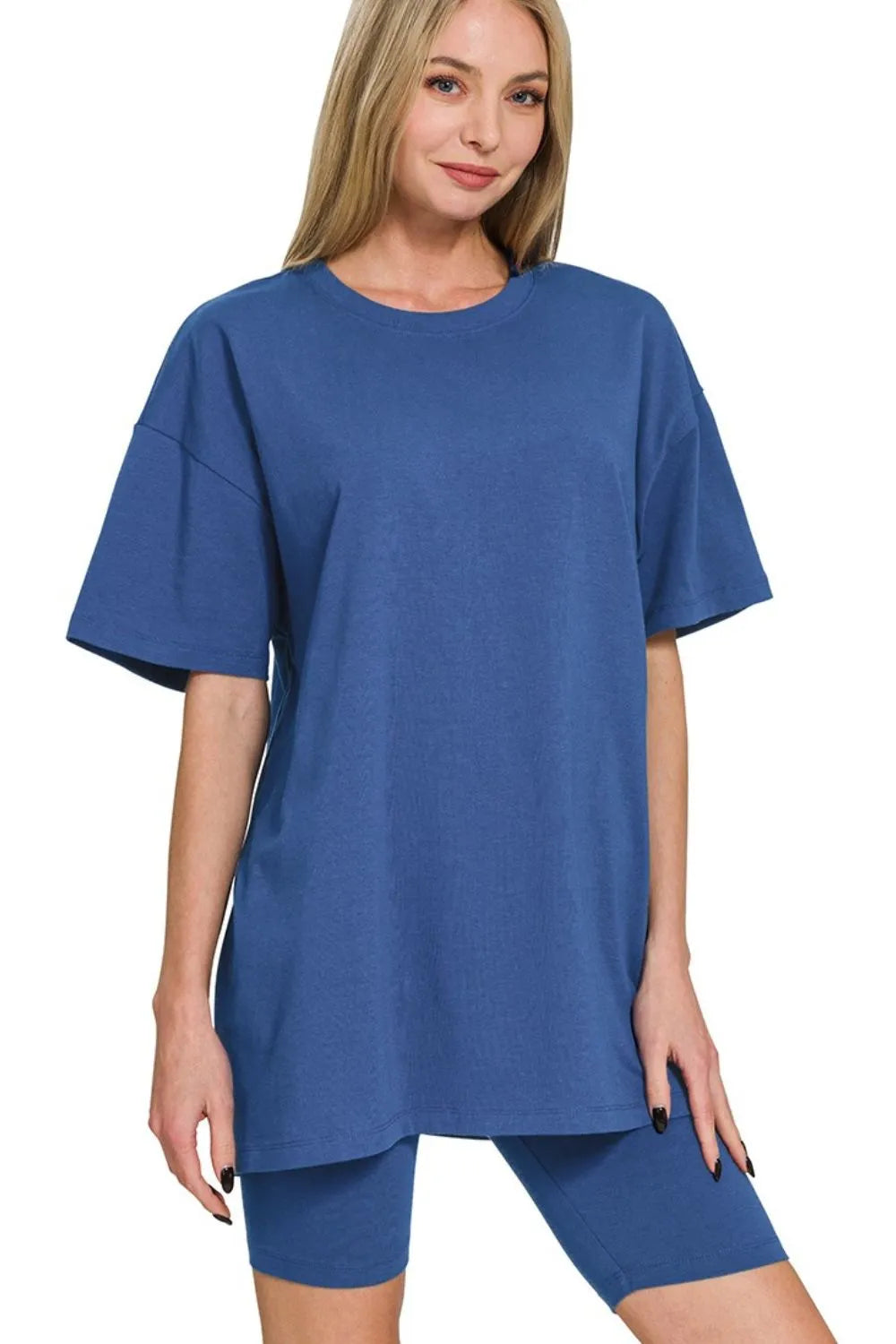 Zenana Cotton Round Neck Top & Biker Shorts LT NAVY