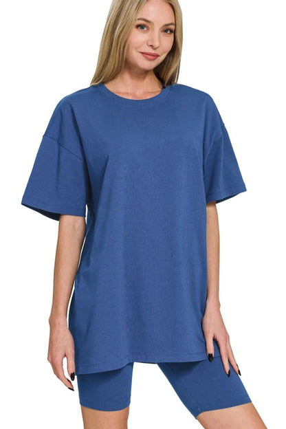 Zenana Cotton Round Neck Top & Biker Shorts LT NAVY