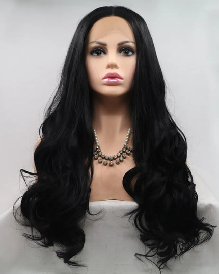 13*3" Lace Front Wigs Synthetic Long Wavy 24" 130% Density Black One Size