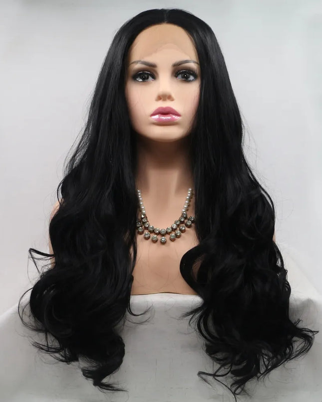 13*3" Lace Front Wigs Synthetic Long Wavy 24" 130% Density Black One Size