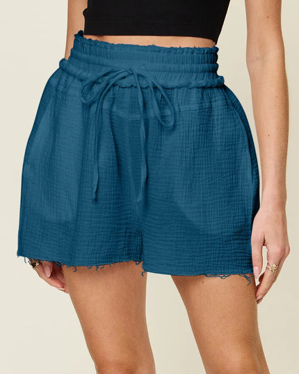 Double Take Full Size Texture Raw Trim Drawstring Shorts
