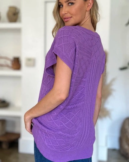 Double Take Full Size Cable-Knit Round Neck Cap Sleeve Sweater